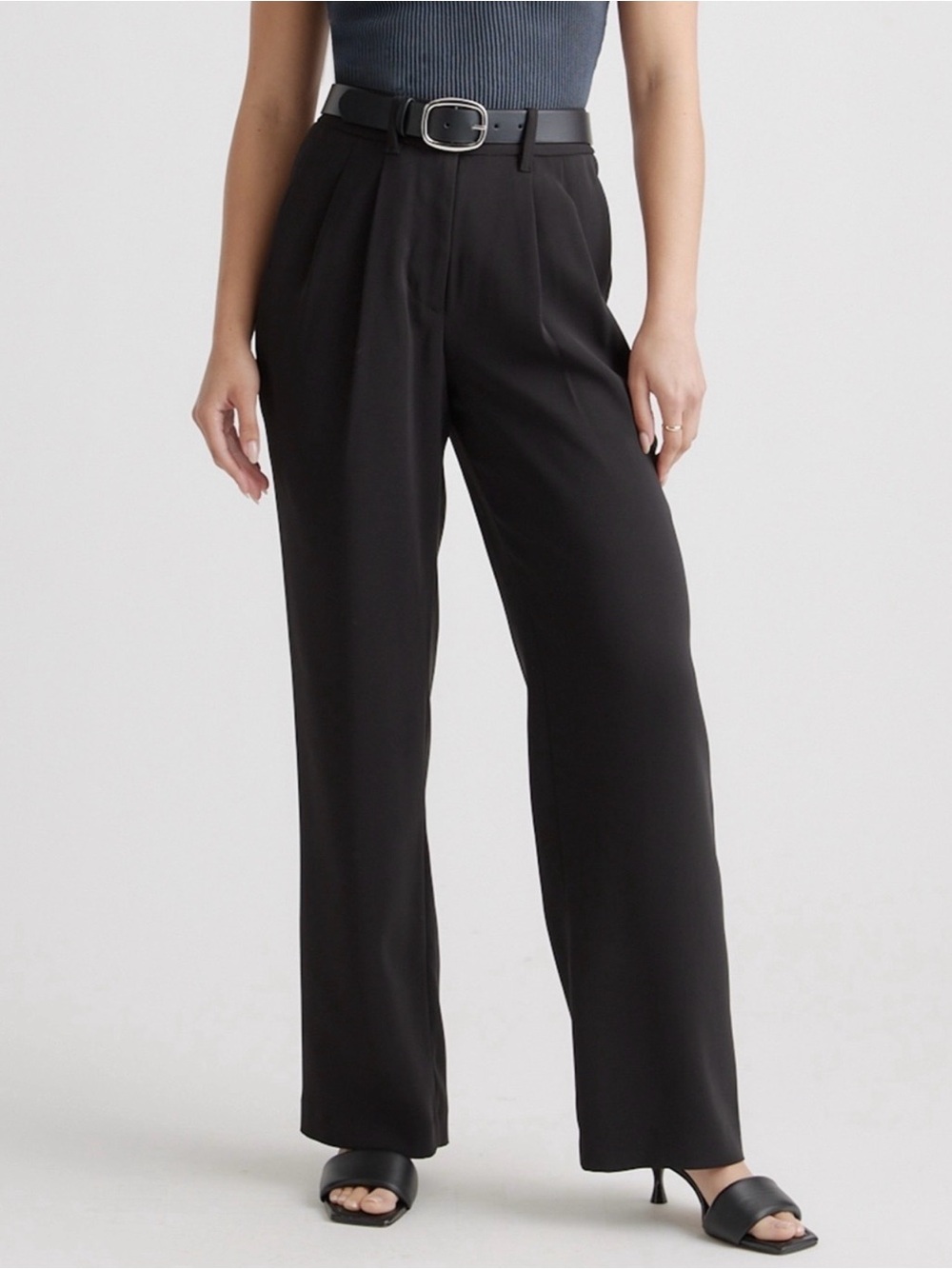 Quince | Stretch Crepe Pleated Wide-Leg Pants in Black ~ US 10